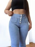 Jeans Paradise flare celeste abotonado bolsillos - Imagen 3
